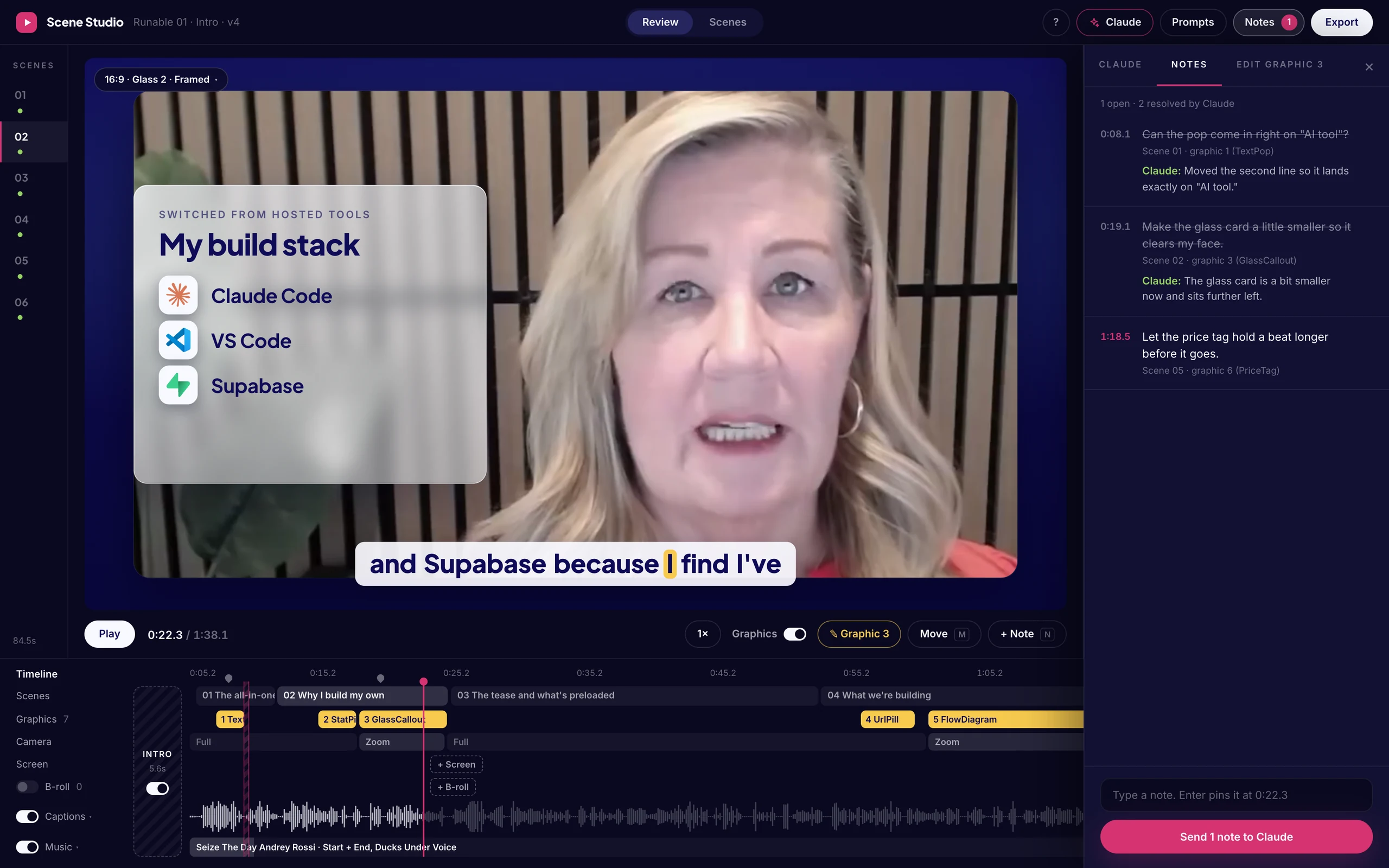 The full Scene Studio window, showing the player, the script, and notes