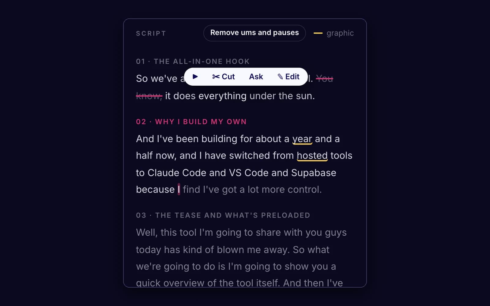 Editing the script in Scene Studio, with a word being cut